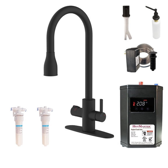 Westbrass 4 in 1 Kitchen Faucet Kit with Heatin Tank, Filter System, Air Gap, Sink Mount Soap Dispenser and Dual Outlet Raised Button Air Switch, Matte Black