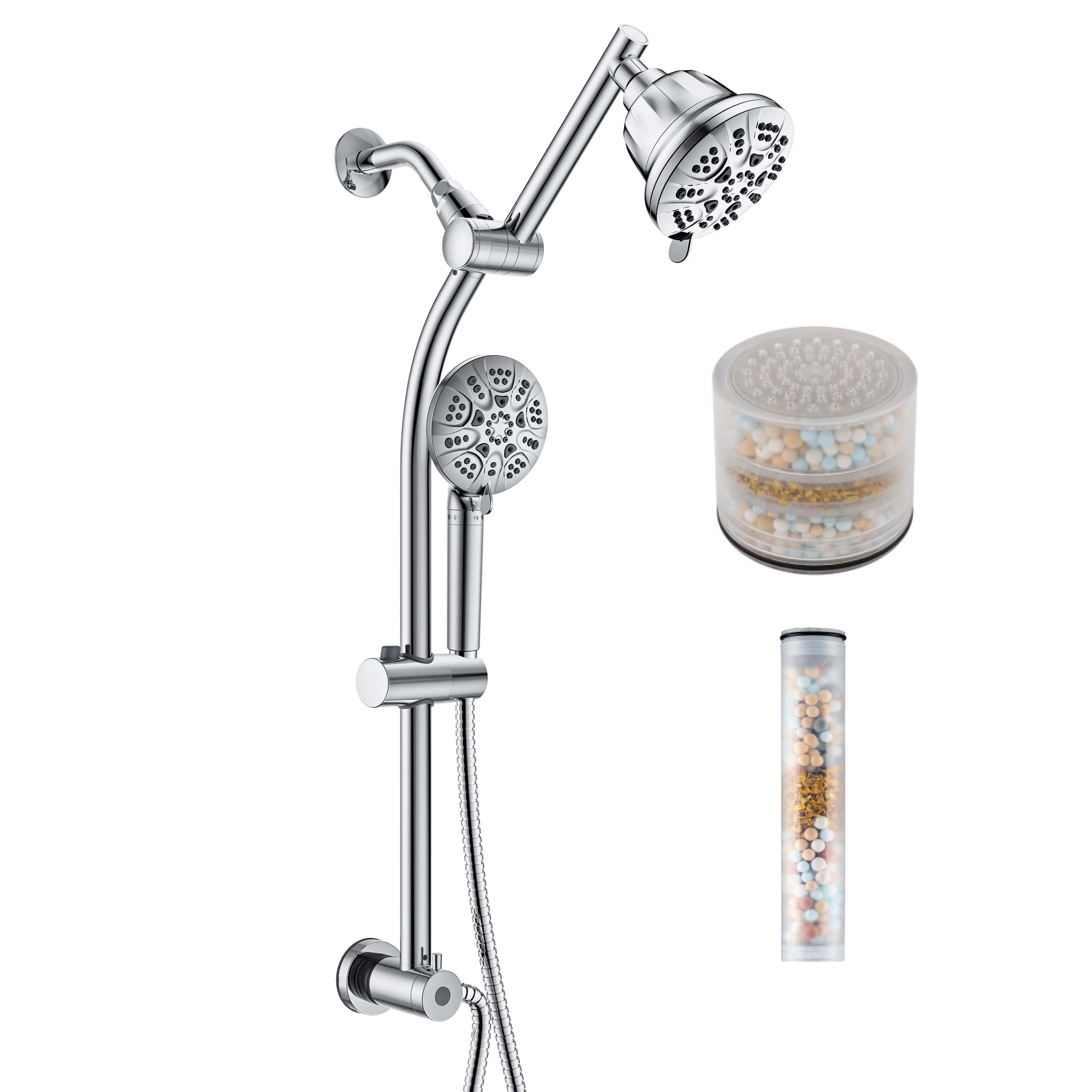 Polished Chrome Dual Head Adjustable Height Shower Set with Filter