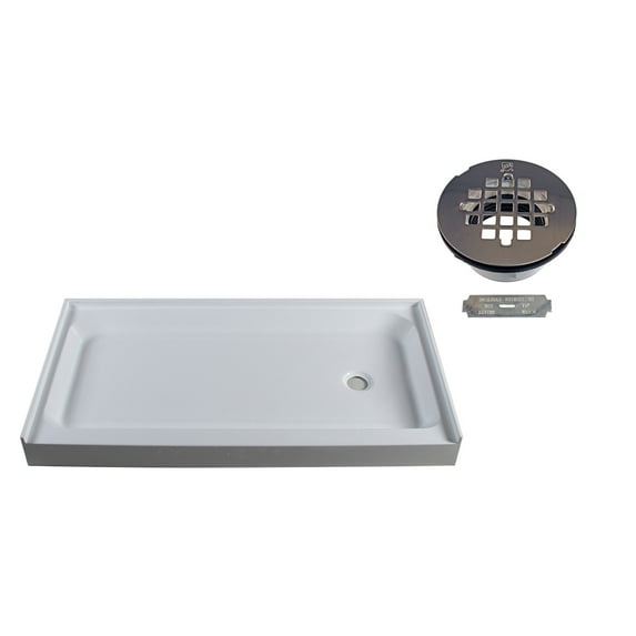 Westbrass SP6034RWP-26 60" x 34" 3-Wall Shower Pan with Plastic Right Drain and 4-1/4" Cross Grid Brass Drain Cover, Polished Chrome