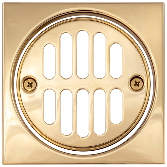 Westbrass Square Brass Shower Drain with Round Strainer and Crown Ring, Polished Brass