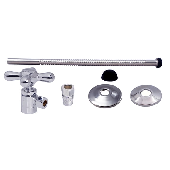 Westbrass Toilet Supply Kit with 12" Corrugated Riser, Cross Handle Angle Stop, Compression Adaptor and Flanges, Polished Chrome