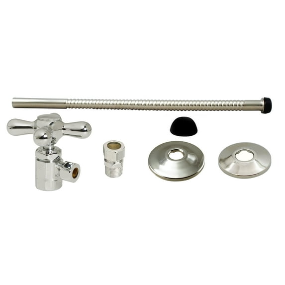 Westbrass Toilet Supply Kit with 12" Corrugated Riser, Cross Handle Angle Stop, Compression Adaptor and Flanges, Polished Nickel