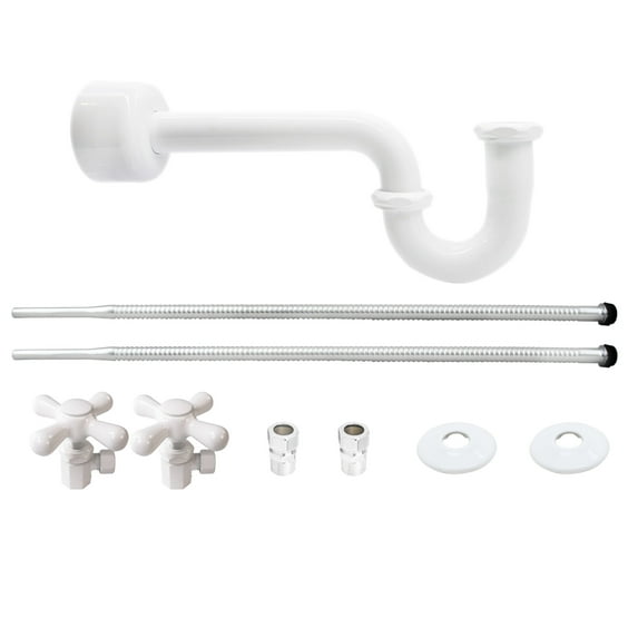 Westbrass Victorian Style Console Sink Supply Kit with P-Trap and Cross Handle Angle Stops, Powder Coat White