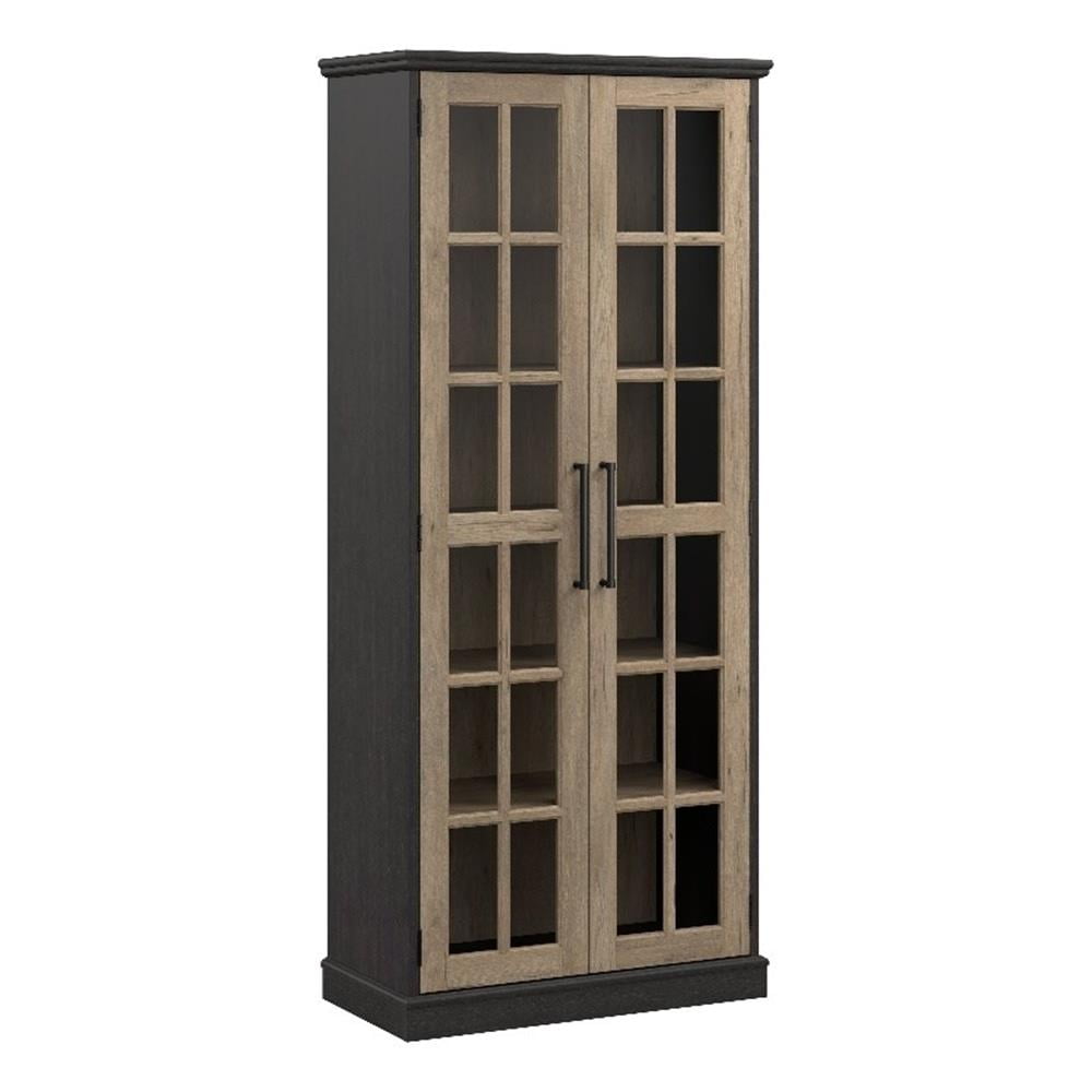 Tall Vintage Black and Tan Hickory Curio Cabinet with Glass Doors