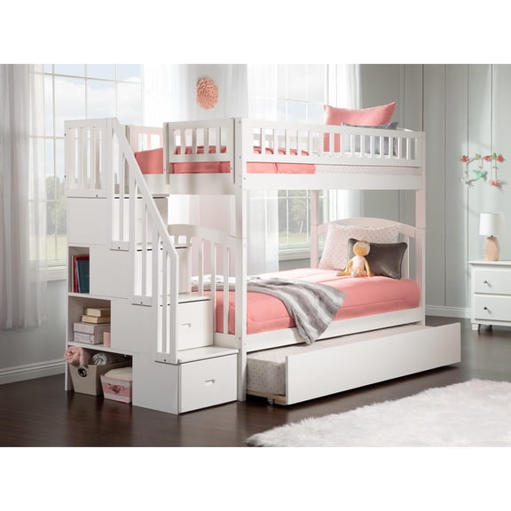 AFI Westbrook Staircase Bunk Twin over Twin with Twin Size Urban Trundle Bed, White