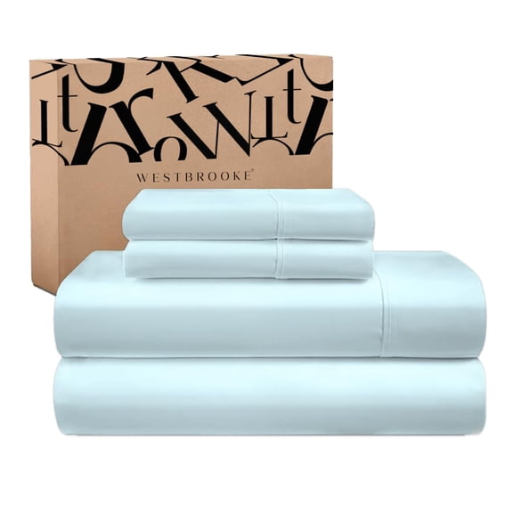 Westbrooke 475TC Lush Sateen 100% Cotton Sheet Set | King Size Sateen Sheets - 4 Piece Long Staple Cotton Bedding Set with Elasticized 15.5" Deep Pocket - Soft, Breathable Luxury Sheets - Light Blue