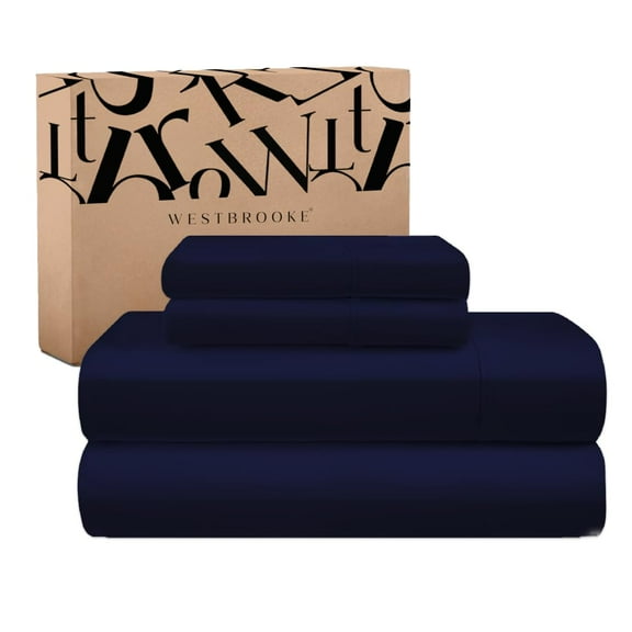 Westbrooke 475TC Lush Sateen 100% Cotton Sheet Set | Twin Size Sateen Sheets - 3 Piece Long Staple Cotton Bedding Set with Elasticized 15.5" Deep Pocket - Soft, Breathable Luxury Sheets - Dark Blue