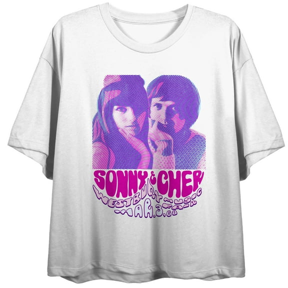 Westbursy Sonny and Cher Music Art Women's White Crop Tee With Short Sleeves and Crew Neck-Large