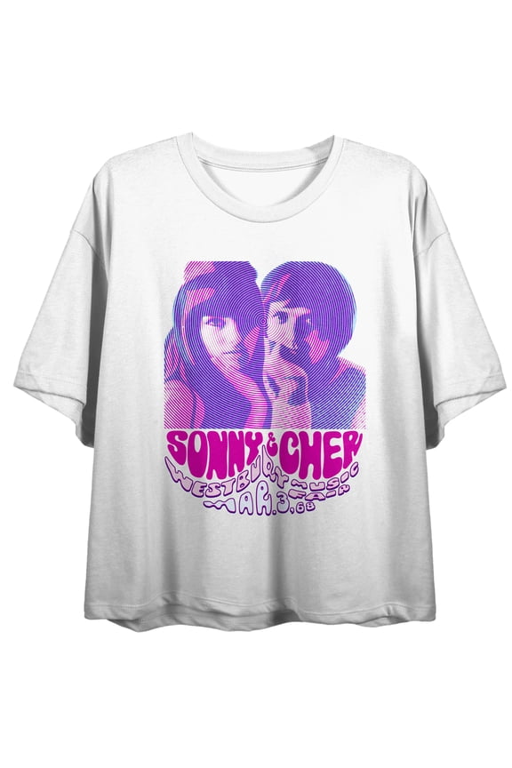 Westbursy Sonny and Cher Music Art Women's White Crop Tee With Short Sleeves and Crew Neck-Large