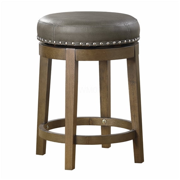 Westby 2-Pack Gray Faux Leather Swivel Counter Stools with Nailhead Trim, Solid Wood Frame Brown Finish