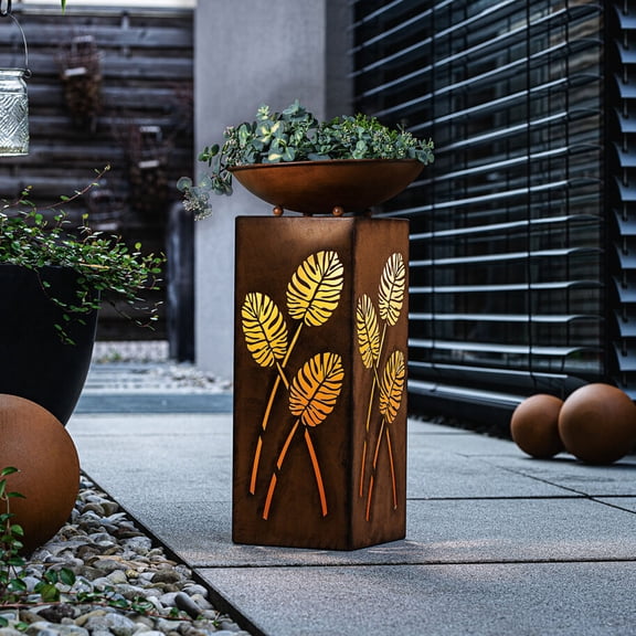 Westcharm 21" Tall Rustic LED Pillar with Planter Dish Bowl and Timer - Decorative Bronze Column with Leaves Motif for Home Yard Patio Outdoors