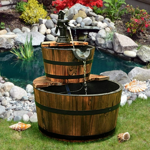 Westcharm 3 Gallons Cascading Water Fountain for Outdoor Outside Patio Yard | Decorative 2-Tier Wood Wine Barrel Fountain with Adjustable Pump | 23" Tall Garden Waterfall Fountain