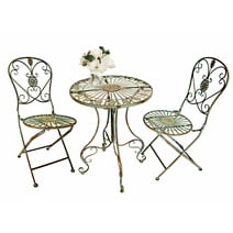 Westcharm 3-Piece Outdoor Metal Bistro Set with Scrolling Heart, Peacock Tail Motif & Folding Chairs, Verdigris Green