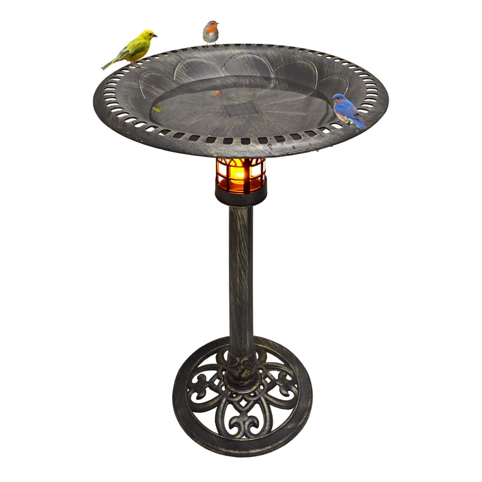 Westcharm 34 Inch Solar Powered LED Lighted Birdbath Poly Resin Bird Bath for Outdoors Yard Outside Outdoor Garden Decoration Pedestal Base Stand - Antique Brushed Bronze Solar Bird Bath