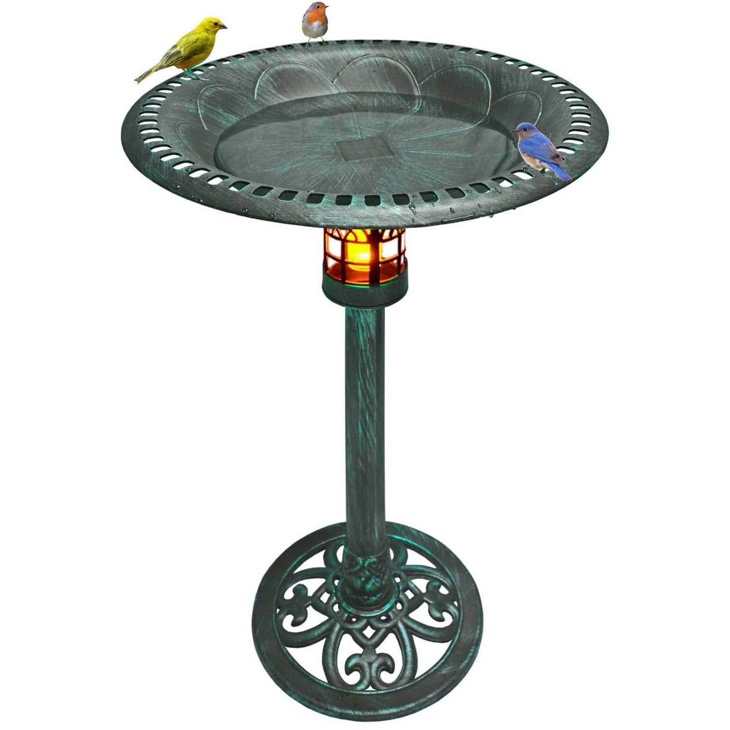 Westcharm 34 Inch Solar Powered LED Lighted Birdbath Poly Resin Bird Bath for Outdoors Yard Outside Outdoor Garden Decoration Pedestal Base Stand - Verdigris Green Solar Bird Bath