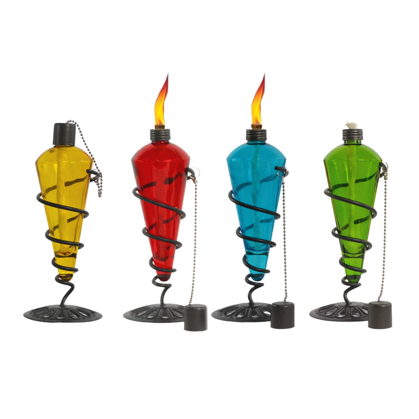 Westcharm 4 Pack 11 inch Glass Tabletop Torch Light with Swirling Metal Stand - Burning Citronella Torch Fuel | Outdoor Lighting for Party Patio Pathway Garden Décor - Assorted Colors