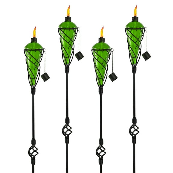 Westcharm 4 Pack 60 Inch Glass Garden Torch Light with Swirling Metal Ground Pole - Burning Citronella Torch Fuel | Outdoor Lighting for Party Patio Pathway Garden Décor - Green