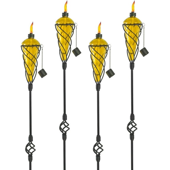 Westcharm 4 Pack 60 Inch Glass Garden Torch Light with Swirling Metal Ground Pole - Burning Citronella Torch Fuel | Outdoor Lighting for Party Patio Pathway Garden Garden Décor - Yellow