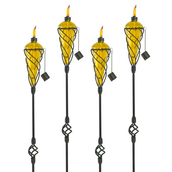 Westcharm 4 Pack 60 Inch Glass Garden Torch Light with Swirling Metal Ground Pole - Burning Citronella Torch Fuel | Outdoor Lighting for Party Patio Pathway Garden Décor - Yellow