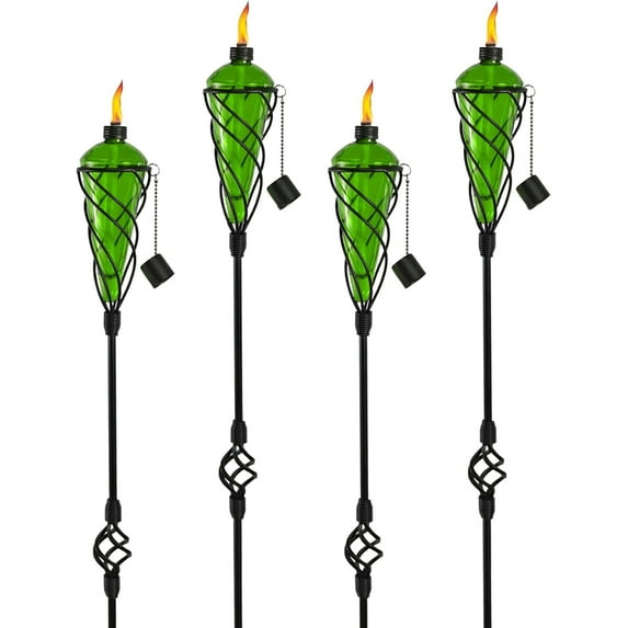 Westcharm 4 Pack 60 Inch Glass Garden Torch Light with Swirling Metal Ground Pole - Burning Citronella Torch Fuel | Outdoor Lighting for Party Patio Pathway Garden Garden Décor - Green