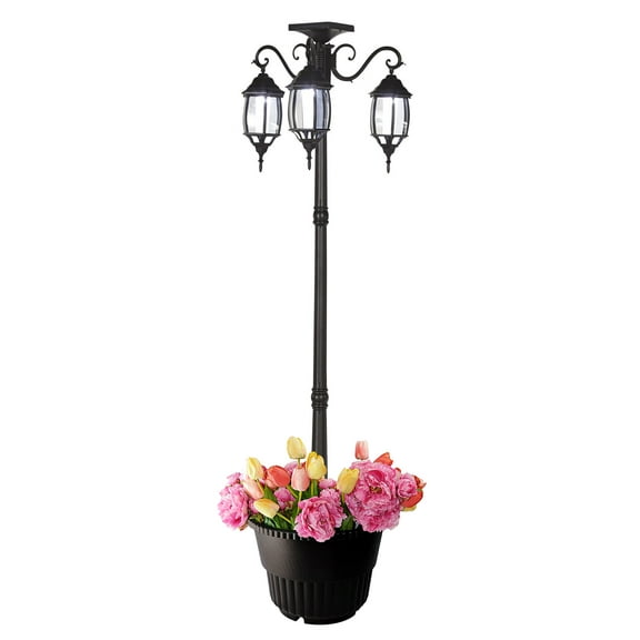 Westcharm 6.6 ft. (79 in.) Tall Black Solar Powered Lamp Post with Round Planter for Garden, 3 Heads, White LEDs