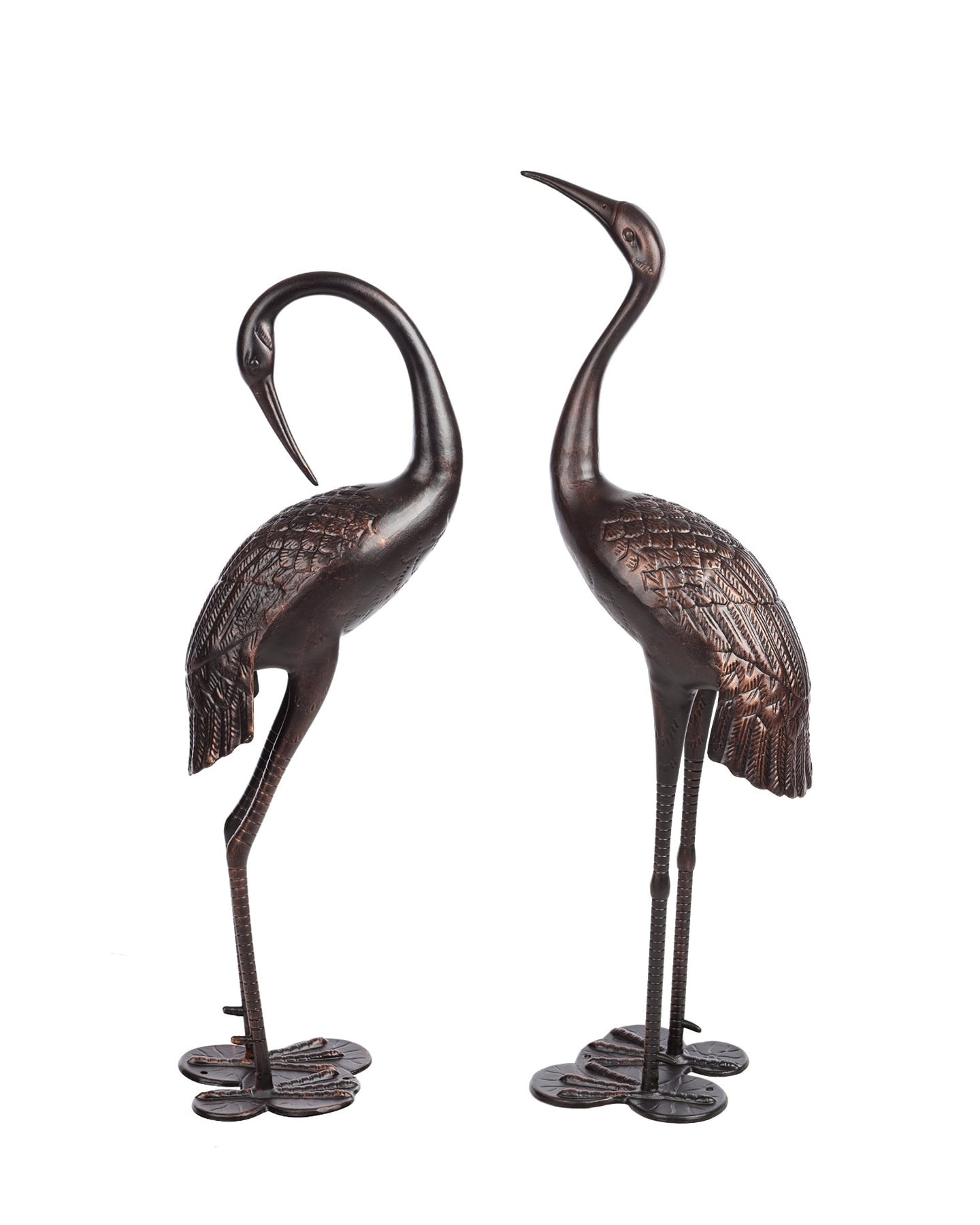 Westcharm Antique Bronze Garden Crane Pair Statue - Upright and Preening Sculpture Set (Male 19" W x 10" D x 43.5" H; Female 12" W x 10" D x 39.5" H)