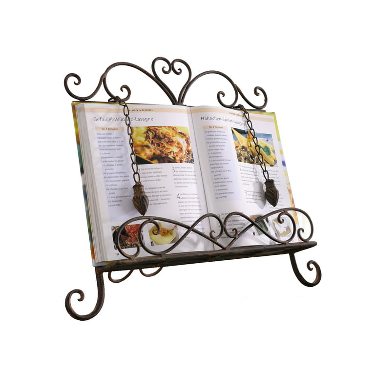 Westcharm Antique Metal Cookbook Stand Recipe Book Stand for Kitchen Easel Weighted Chain