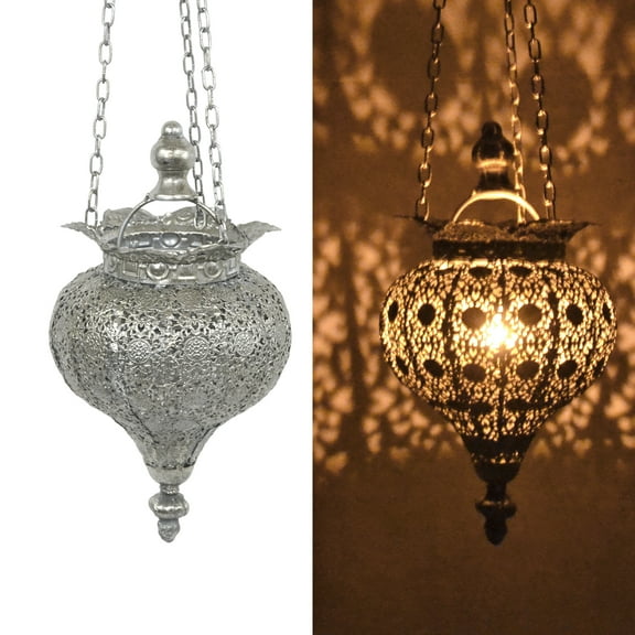 Westcharm Antique Silver Oriental Moroccan Ramadan Candle Lantern Decorative Metal Hanging Pendant Light - Small