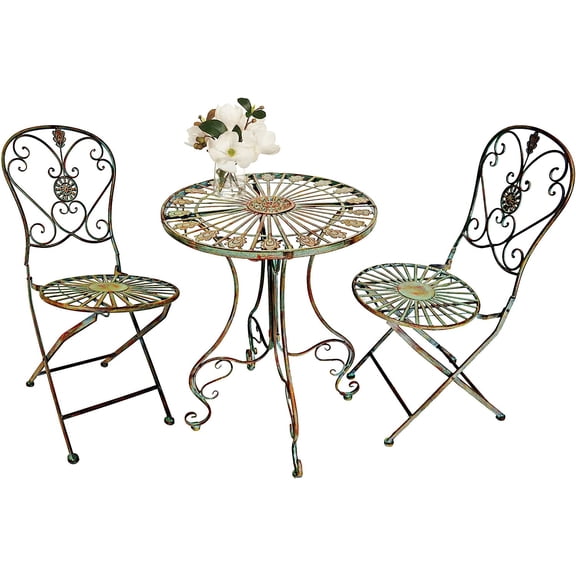 Westcharm Folding Metal Bistro Set w/Scrolling Heart & Peacock Tail Motif, Set of Three