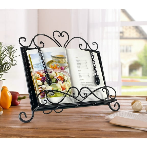 Westcharm Metal Kitchen Cookbook Display Stand, Recipe Book and iPad Holder, Cookery Book Easel with Weighted Chains, Classic Black