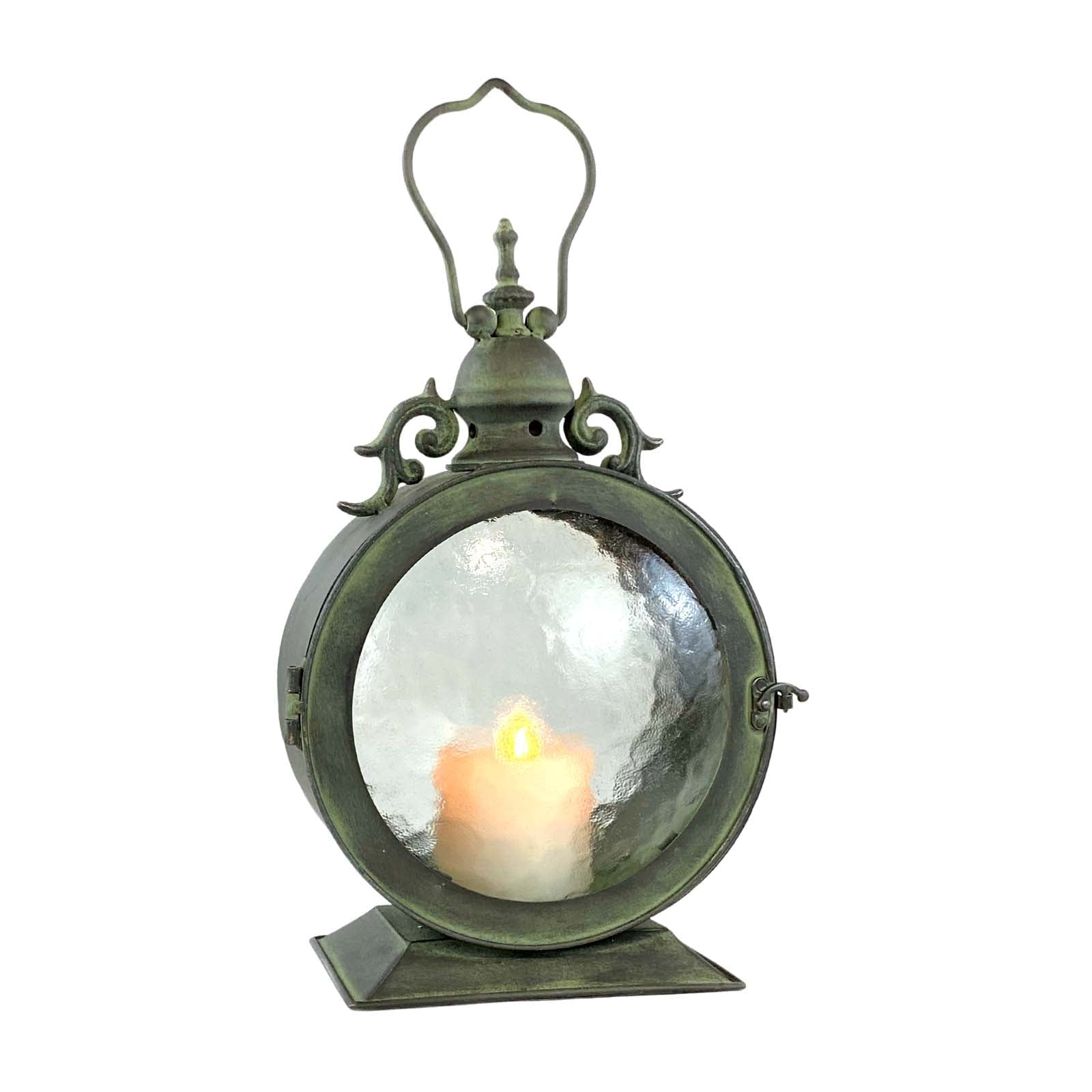 Westcharm Metal Round Railroad Candle Lantern with Curved Glass, Outdoor Hanging Candle Holder, Antique Verdigris Finish