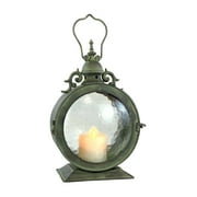 Westcharm Metal Round Railroad Candle Lantern with Curved Glass, Outdoor Hanging Candle Holder, Antique Verdigris Finish