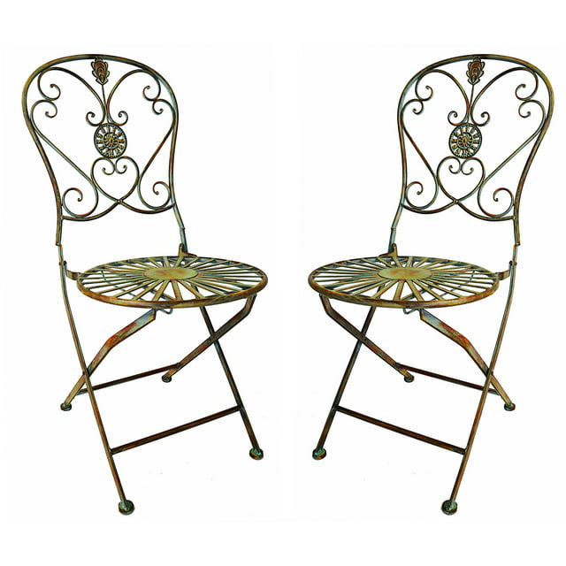 Westcharm Outdoor Folding Metal Patio Bistro Chair 2-Piece Set with Scrolling Heart & Peacock Tail Motif, Verdigris Green
