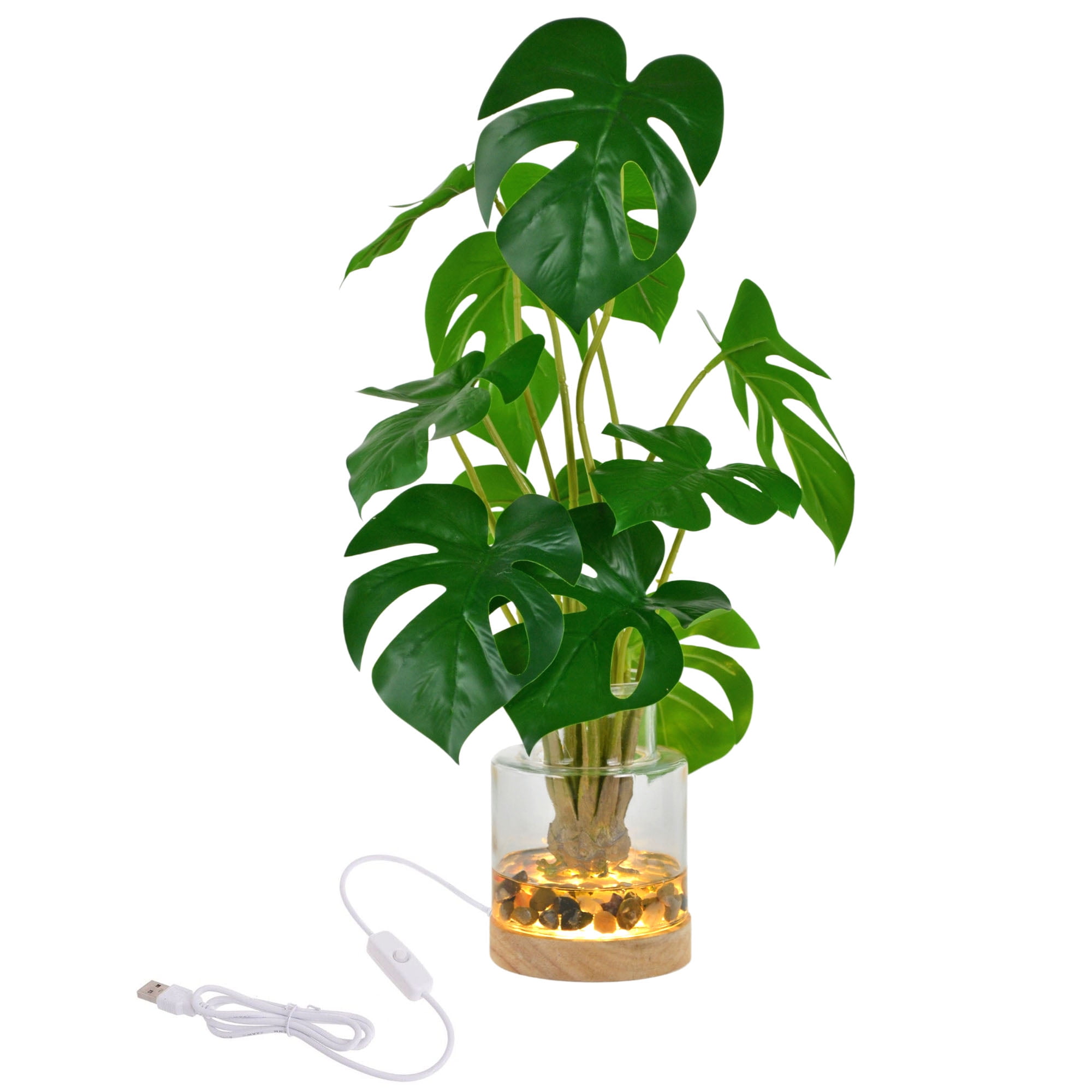Westcharm Real Touch 17.5 inch Artificial Plants Green Monstera Leaves in  Glass Vase with Faux Water, River Stones, and Wood LED Display Base, Table  ...