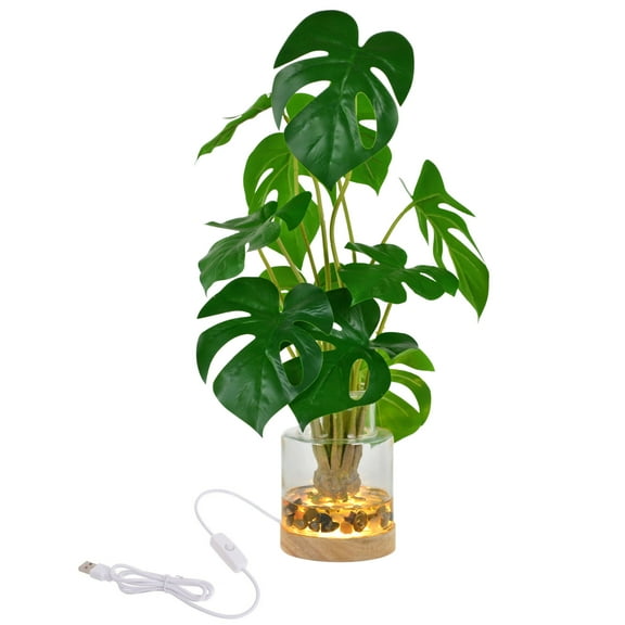 Westcharm Real Touch 17.5 inch Artificial Plants Green Monstera Leaves in Glass Vase with Faux Water, River Stones, and Wood LED Display Base, Table Centerpiece, Home Décor