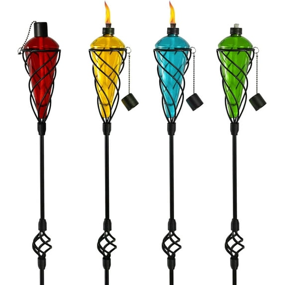 Westcharm Set of 4 Multi-Color 60 Inch Tall Glass Garden Torch Lamp Light with Swirling Metal Ground Stake for Outdoor Garden Lawn Patio - Burning Citronella Oil or Lamp Fuel