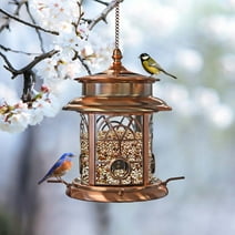 Westcharm Squirrel Proof Solar Birdfeeder for Wild Song Birds | Arched Lattice Solar LED Hanging Bird Feeder for Outside Garden, Antique Copper