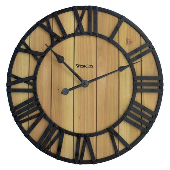 Westclox 16" Natural Wood Grain with Raised Roman Numerals & Iron Finish Wall Clock Model# 38067