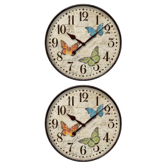 Westclox Butterfly Wall Clock 12 in Round Vintage Postcard Look Analog Multi-color, 2-Pack