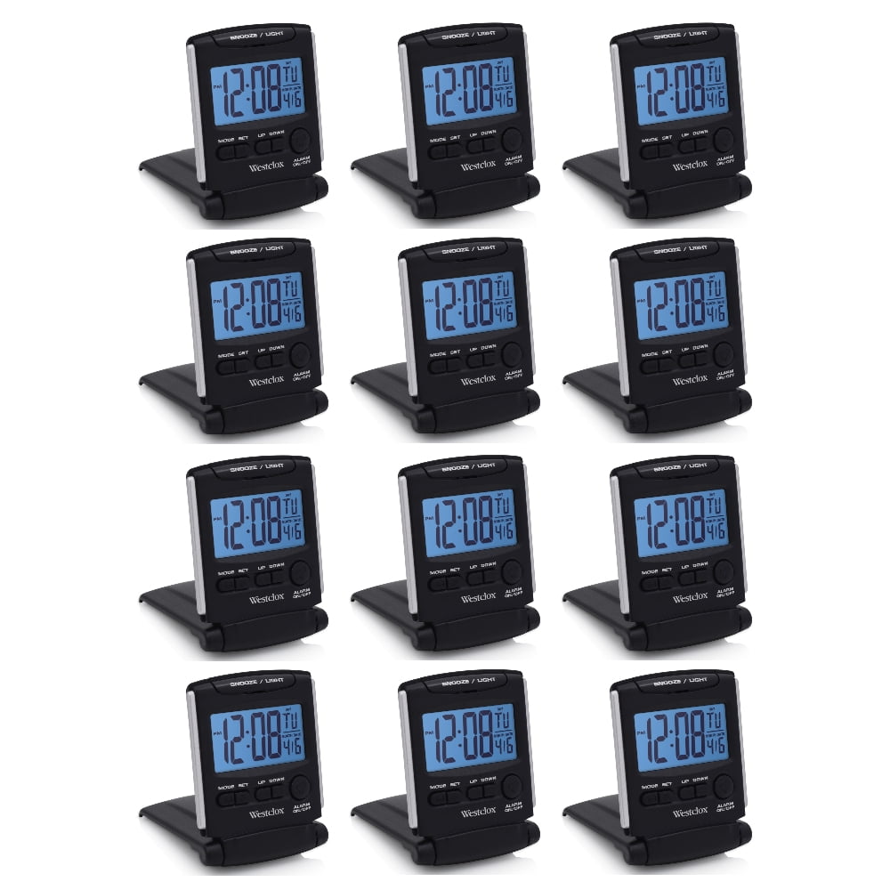Westclox Folding Travel Alarm Clock Digital LCD Battery Operated Black, 12-Pack