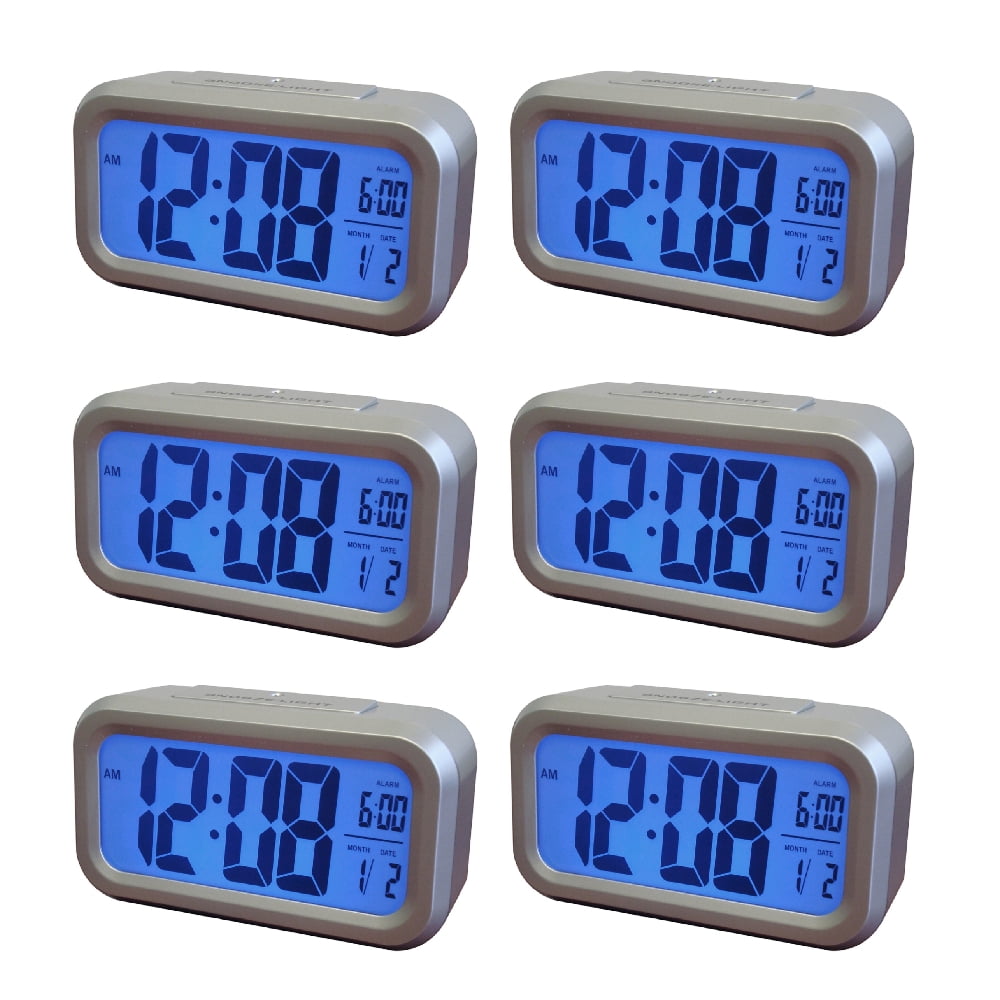 Westclox LCD Alarm Clock Automatic Light Up Backlight Time Date Snooze, 6Pack