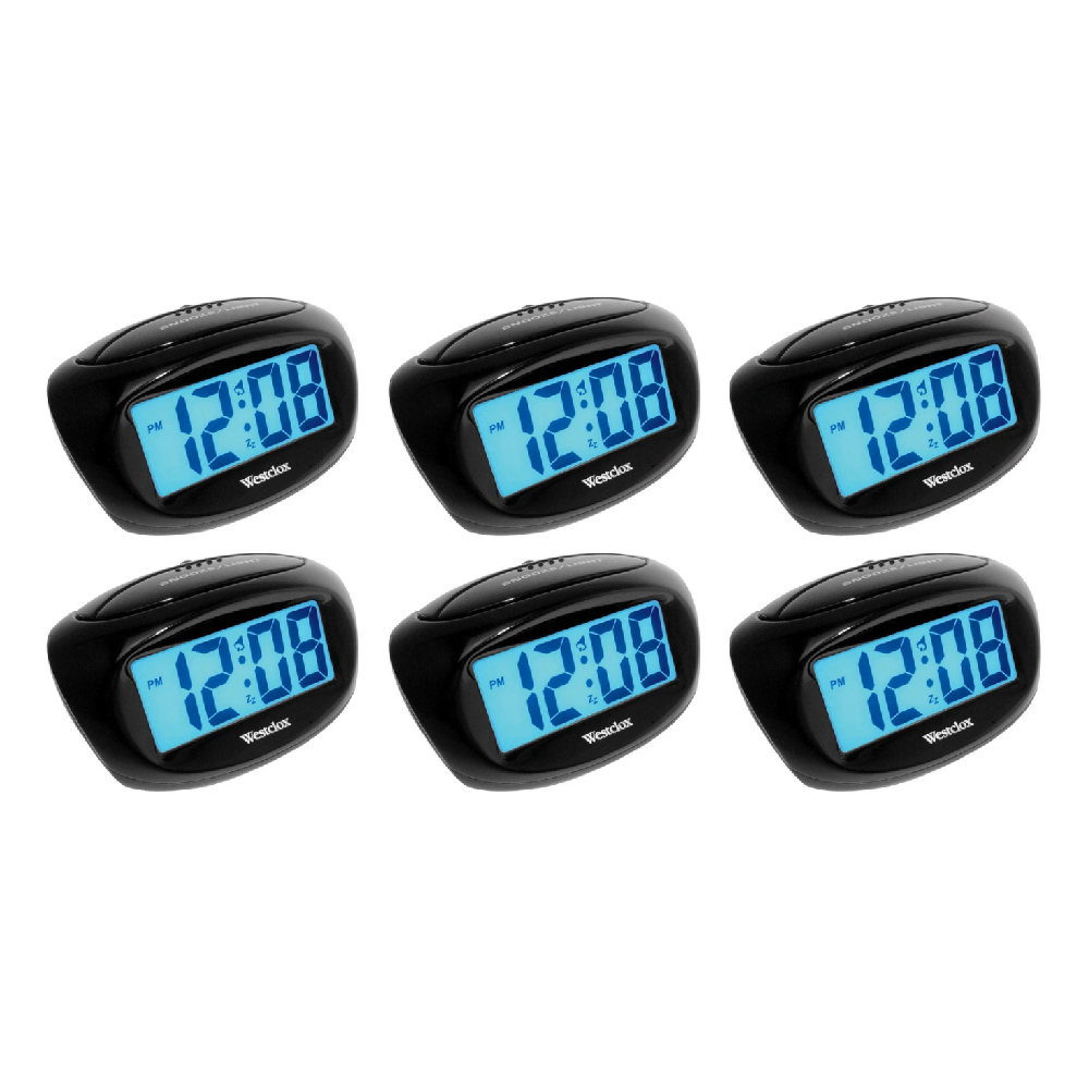 Westclox LCD Digital Alarm Clock 70043 Easy to Read Blue Backlight Plastic Black, 6Pack