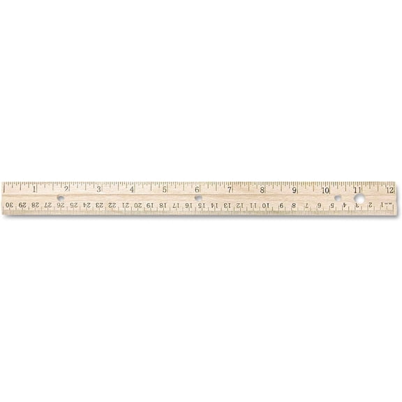 Westcott 10702 Hole Punched Wood Ruler English And Metric With Metal Edge, 12-Inch
