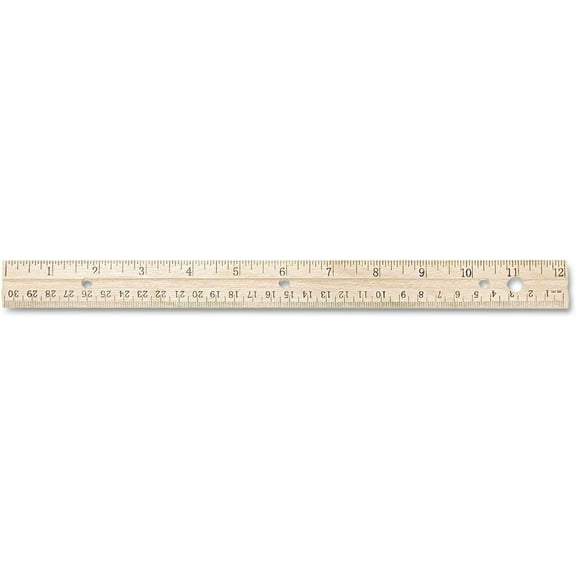 Westcott Wood Ruler 10702 Standard - Hole Punched, Metal Edge, English/Metric - 12-Inch