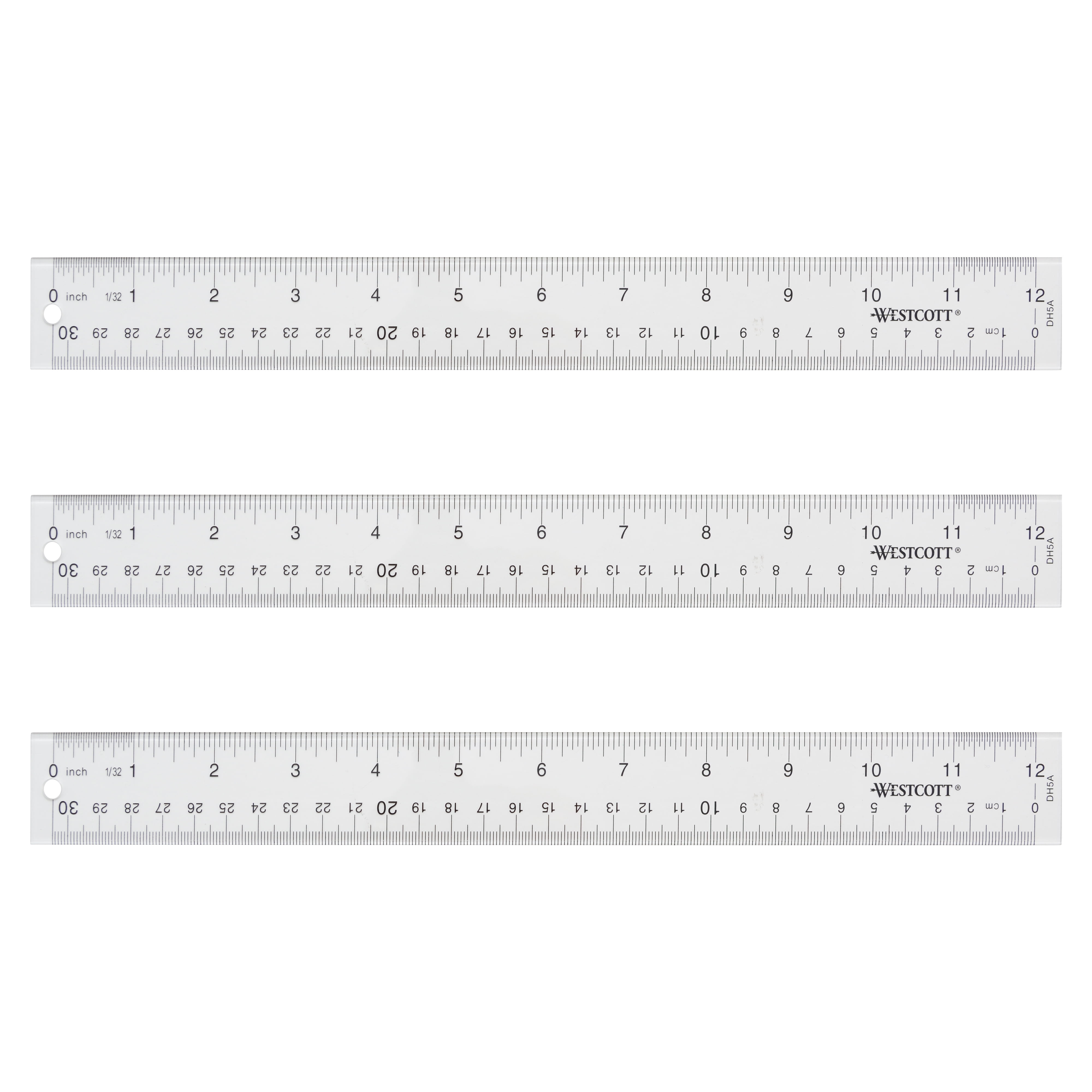 Westcott 12" Clear Acrylic Ruler, Metric Imperial Office 3-Pack, Suitable for Home School and Office Use