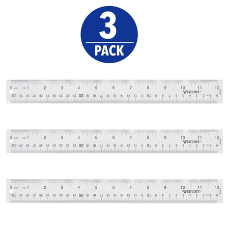 Westcott 12" Clear Acrylic Ruler, Metric Imperial Office 3-Pack, Suitable for Home School and Office Use