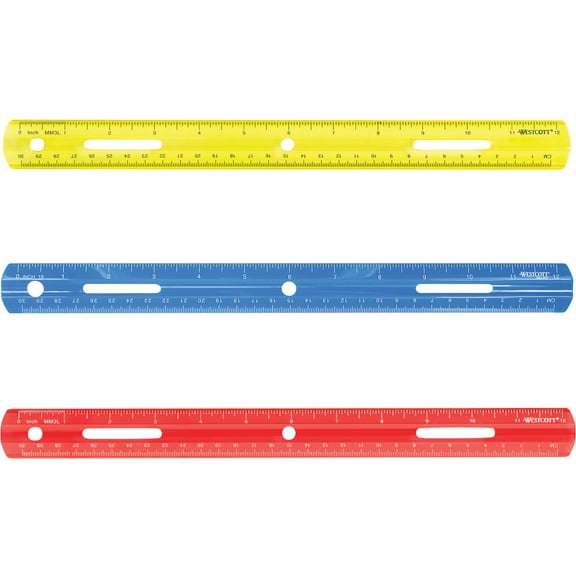 Westcott 12" Plastic Ruler - 12" Length - 1/16 Graduations - Imperial, Metric Measuring System - Plastic - 1 Each - Assorted | Bundle of 5