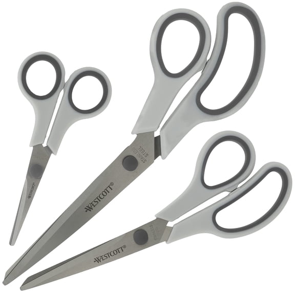 Westcott 3 x N-90030 00 Soft Grip Scissors 5.4", 8" and 9.7" Stainless Steel Scissors, Light Gr