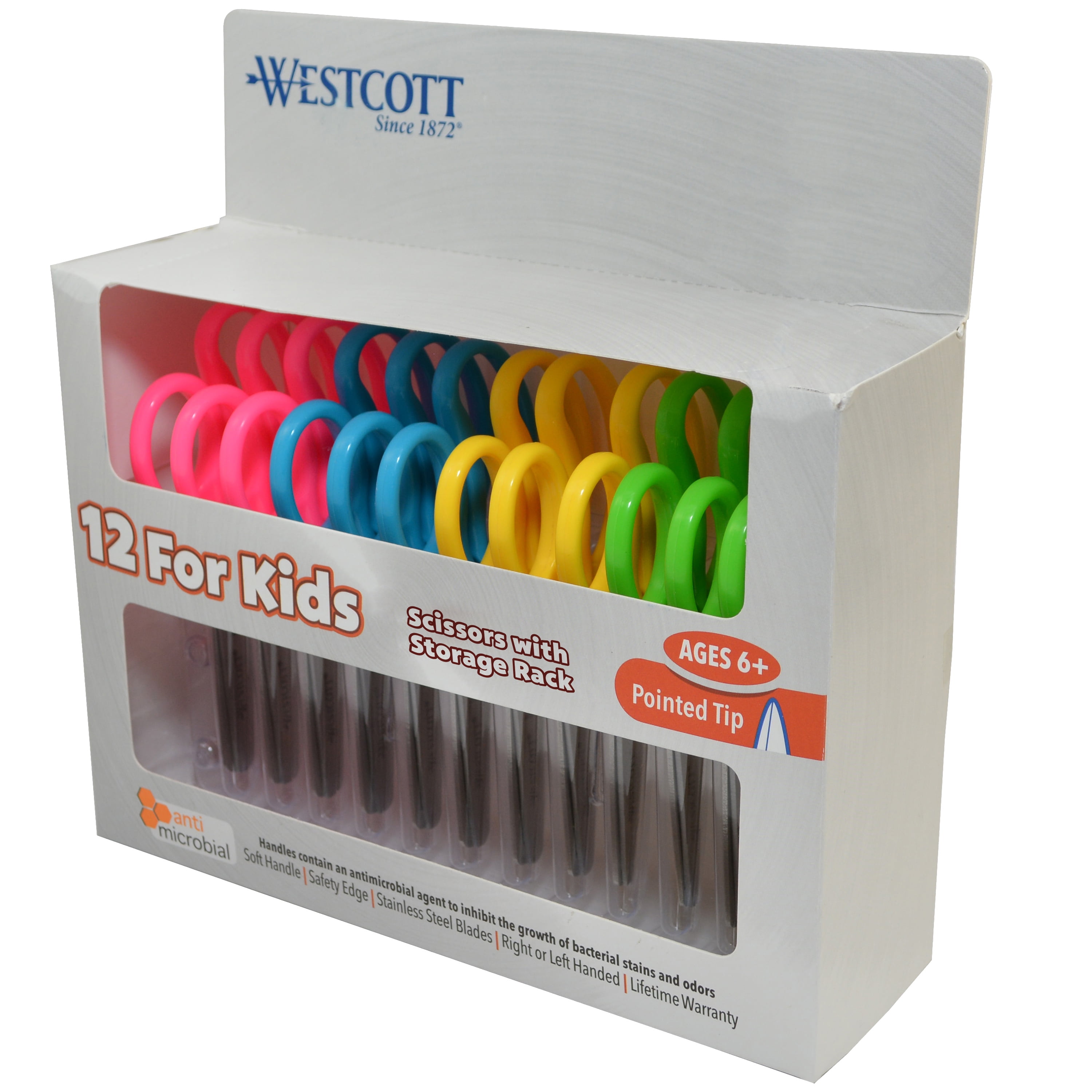 Westcott 5" Kids Scissors, Anti-Microbial, for School, Assorted Colors, 12-Count, Preschool Age.