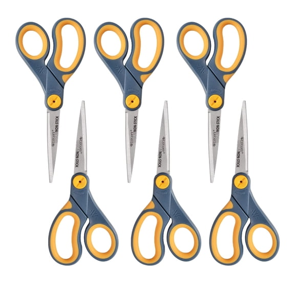 Westcott 8-Inch Non-Stick Titanium Scissors For Office and Home - Glide Adjust Technology - Grey/Yellow Craft, Fabric Scissors - 6 Pack